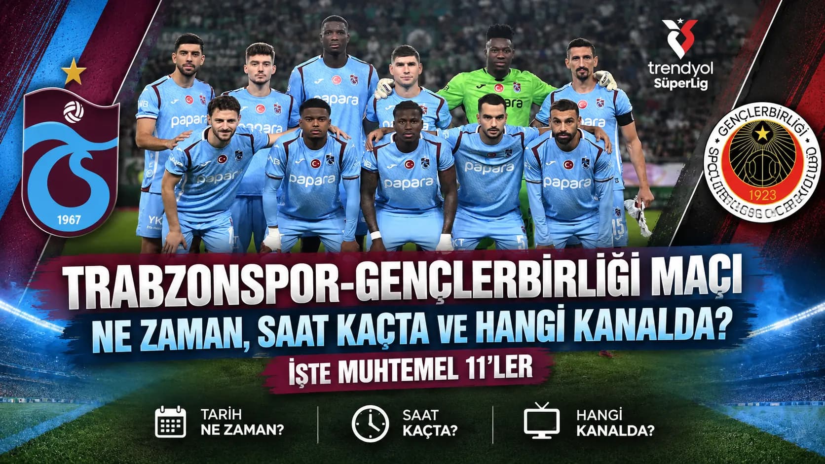 Trabzonspor ile Gençlerbirliği Papara Park’ta karşılaşıyor: Saat ve muhtemel 11’ler