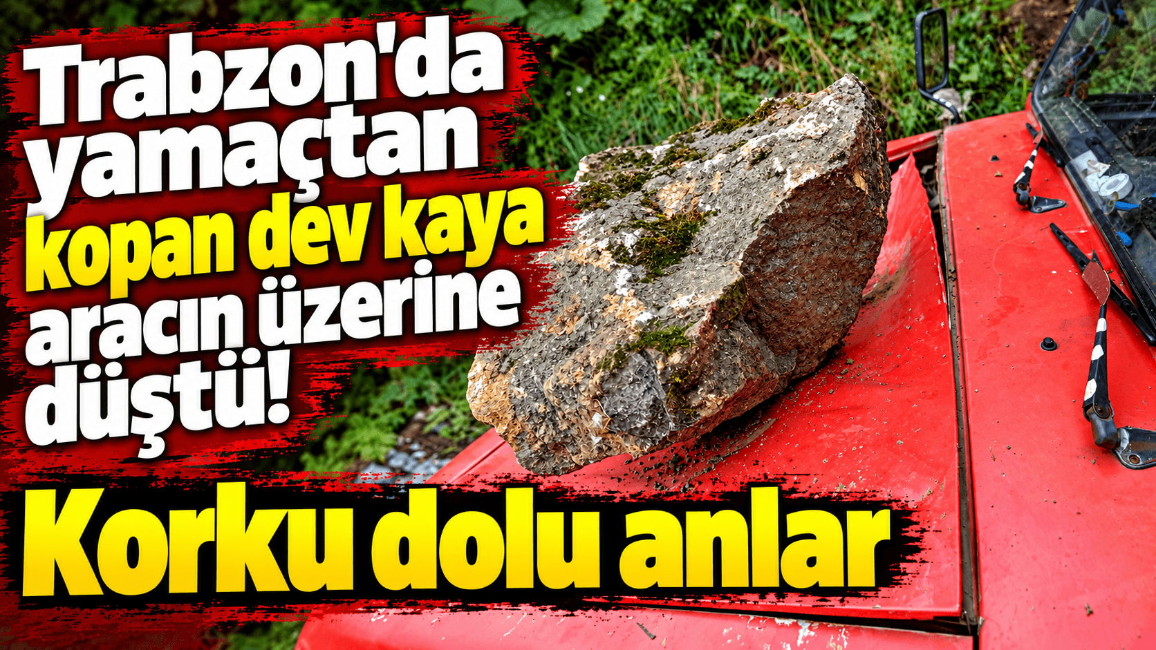 Akçaabat’ta yamaçtan kopan kaya park halindeki otomobilin motor bölümüne düştü